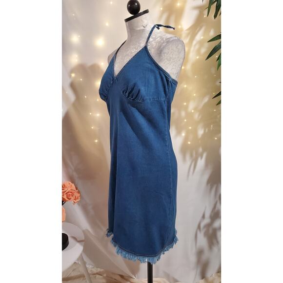 Vtg 90s Y2K Xhilaration Stretch Denim Halter Fringe Dress Womens Size M Blue - Picture 2 of 10